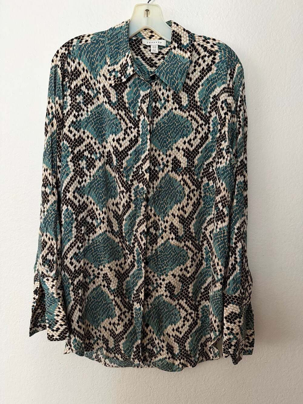 Topshop Teal Green Snake Print Long Sleeve Button Down Shirt Blouse Size US 8